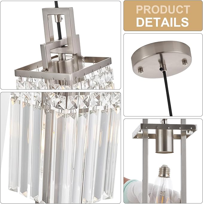 Modern Brushed Nickel Pendant Light Fixture for Kitchen Island and Dining Room, Industrial Small Hanging Crystal Chandelier Light Fixture for Bedroom Entryway Living room Foyer Hallway 1-Pack