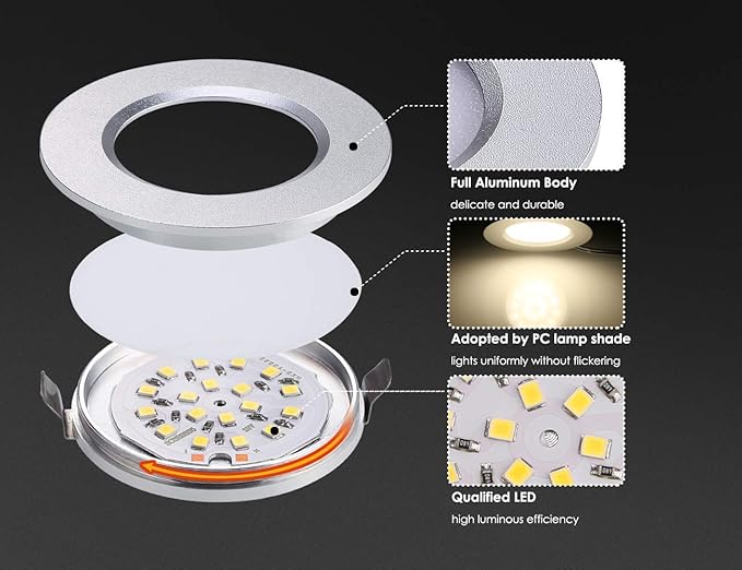 ALOVECO LED RV Boat Ceiling Light 12V Recessed Cabinet Lights Waterproof Ultra-Thin Interior Lighting for Motorhome Sailboat Yacht 3000K Warm White (12 Pack) (A-Sliver Lights)