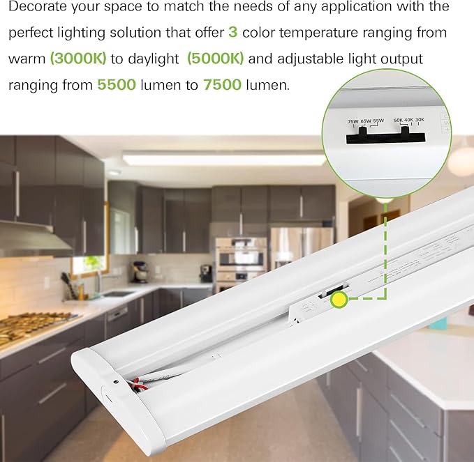 hykolity 4FT LED Wraparound Light with 3 Wattages/3 Lumens/3 CCT Selectable,55W/65W/75W,5500lm/6500lm/7500lm,3000K/4000K/5000K Flush Mount Ceiling Light for Office Kitchen,ETL,4 Pack