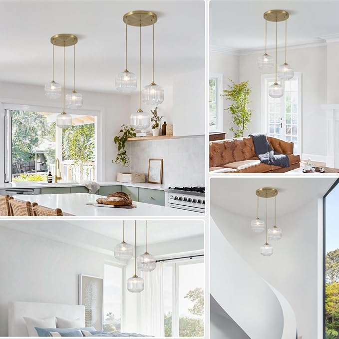 3 Light Hanging Pendant Light Fixture Brushed Gold Modern Pendant Cluster Lights Kitchen Island Industrial Adjustable Hanging Dining Room Lighting Clear Glass Cluster Chandeliers MPL30-3C