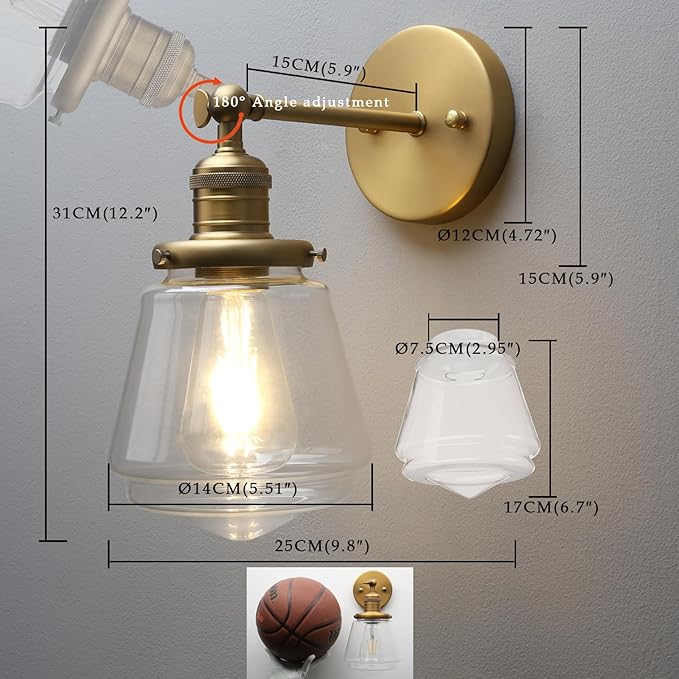 Phansthy Wall Sconces Light Fixture Industrial Wall Lamp, 180 Degree Adjustable Bathroom Vanity Light, Wall Light with Glass Shade Wall Decorative Lighting for Kitchen Living Room Hallway (Antique)