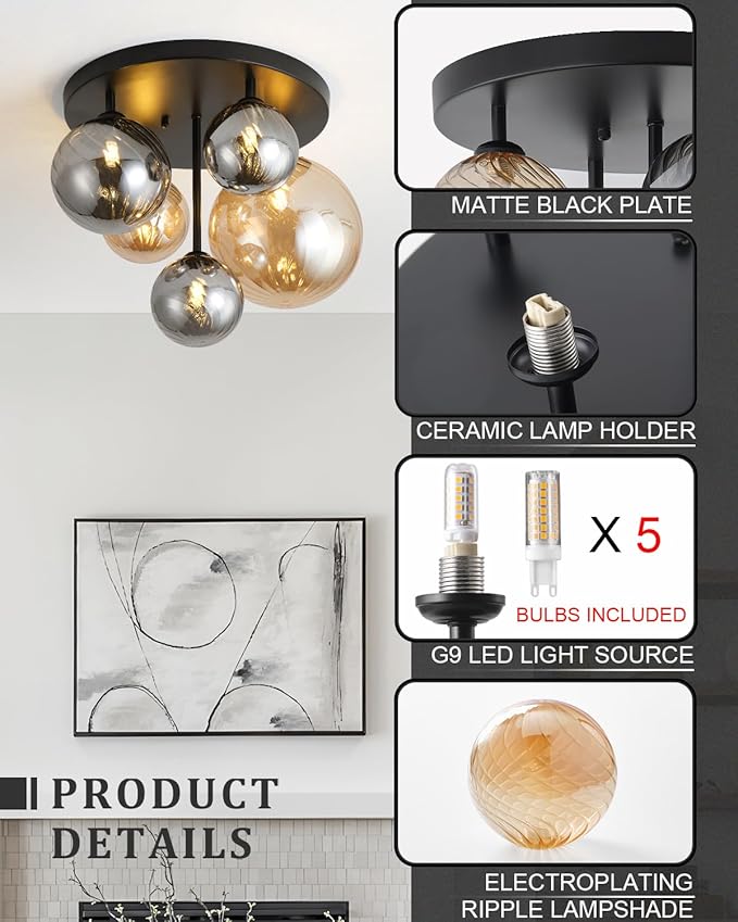 ANYLOVE Modern Chandelier 5-Light Industrial Ceiling Lights Fixture 18" Black Semi Flush Mount Ceiling Light with G9 Base Lights Fixture for Dining Room Bedroom Foyer Hallway Living Room
