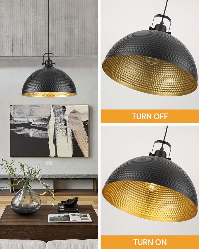 16 Inch Black Hammered Pendant Light 2 Pack, Vintage Pendant Lights Kitchen Island Adjustable Height, Large Dome Pendant Light Fixtures for Kitchen, Dining Room, Bedroom,Bar