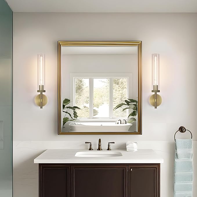 Modern Brass Hardwired Wall Sconces, 20'' Knurled Bathroom Wall Sconce, Indoor Wall Sconce,Copper and Tube Glass Vanity Light, for Living, Bedroom, Hallway, Staircases, Include Bulbs