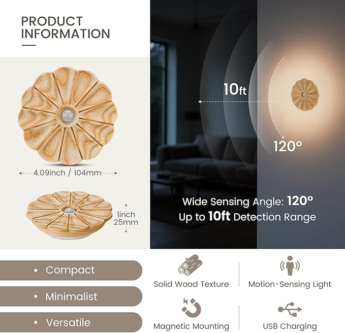 Motion Sensor Night Light Wooden Carved Flower Mini USB Rechargeable Stick-On Step Lights Magnetic Wall Lights for Hallway Bedroom Living Room Stair (2 Pack Ash Wood)