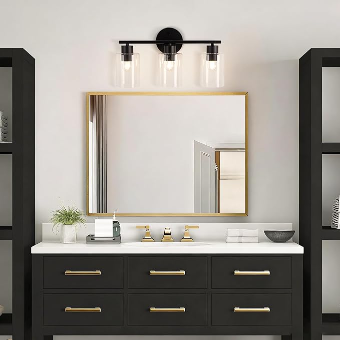 3-Light Bathroom Light Fixtures, Black Vanity Lights Over Mirror, Modern Bathroom Vanity Light with Clear Glass Shade and E26 Base, Matte Black Vanity Lights for Bathroom Kitchen Hallway