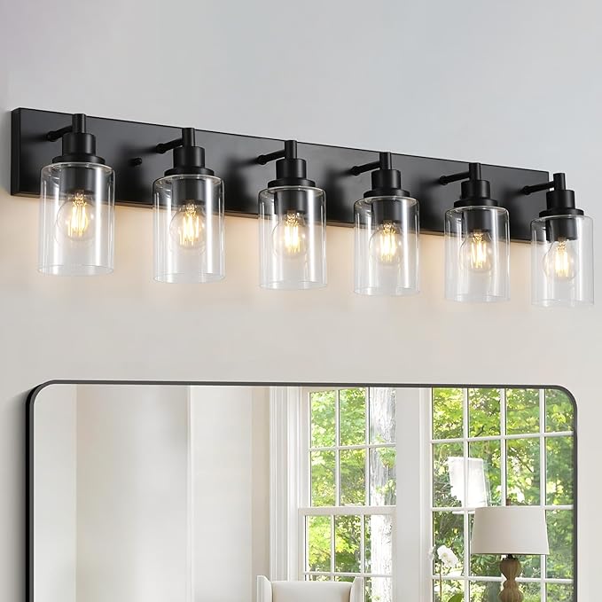 LOUSACE 6 Light Bathroom Vanity Light, Matte Black Bathroom Light Fixtures Over Mirror, Modern Bathroom Lighting with Clear Glass Shade, Black Farmhouse Wall Sconces Lighting Fixture