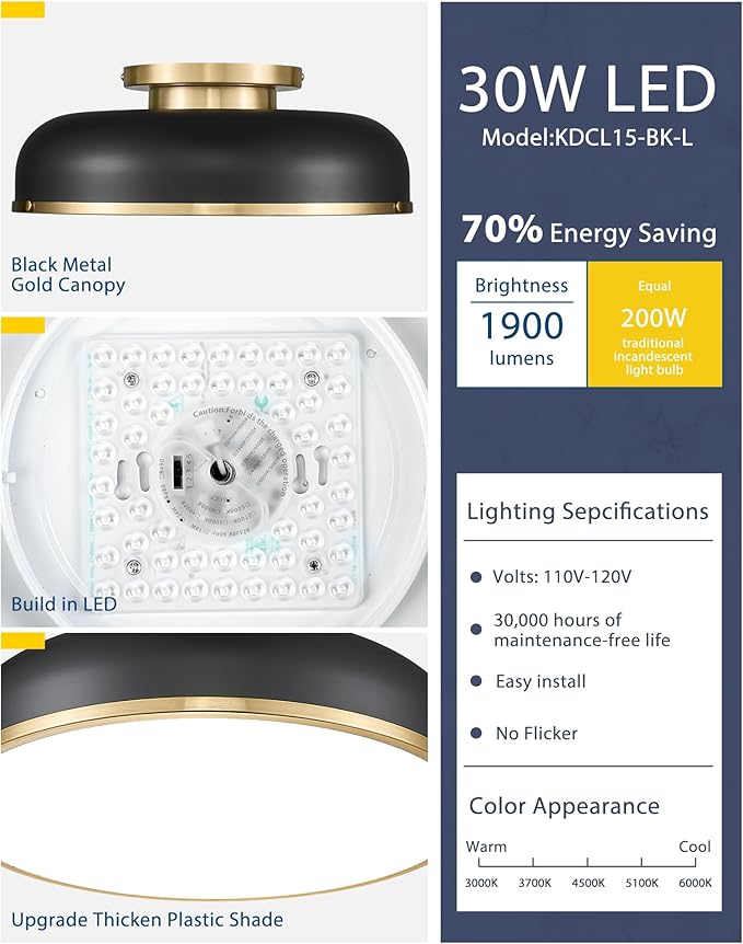 kudos Ceiling Light, 16-inch LED Flush Mount Ceiling Light, Black and Gold Finish, 30W/1900lm Light Fixtures Ceiling Mount for Bedroom,Hallway, 3000K/3700K/4500K/5100K/6000K Adjustbale, KDCL15-BK-L