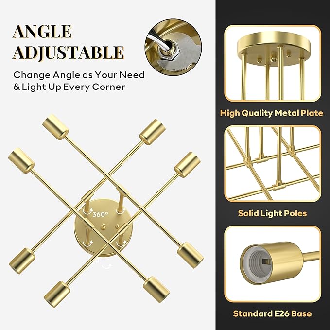 Modern Sputnik Chandelier Ceiling Light Fixtures, 5.9" Ceiling Canopy, 8-Lights Mid Century Industrial Metal Semi Flush Mount for Dining Room, Bedroom, Living Room-Gold
