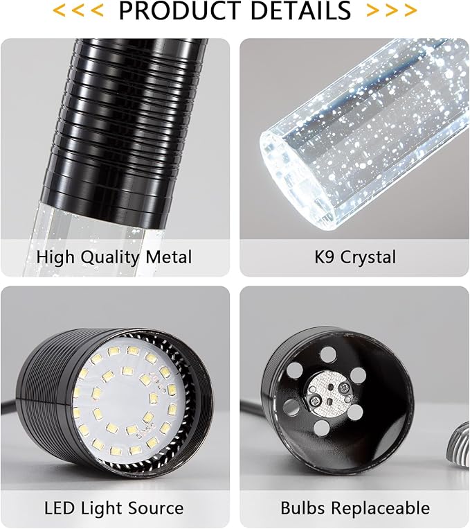 HAIXIANG Set of 2 Pendant Lights for Kitchen Island, White Light, Black Crystal Linear Pendant Lighting, Bar Corner LED Light Fixture