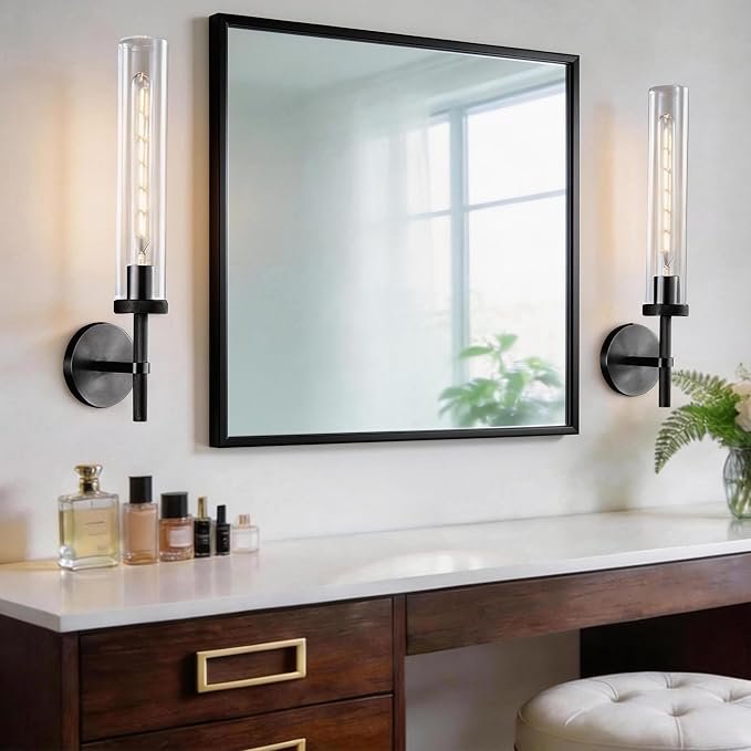 Bathroom Sconces Set of 2, 19.5" Black Cylinder Wall Sconces, Vanity Lights for Bathroom Mirror with E26 Bulbs Included