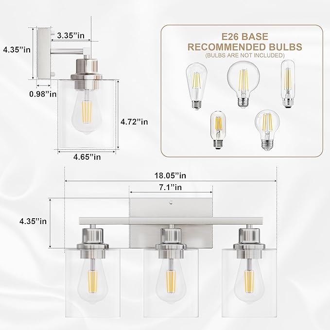 Bathroom Lighting Fixtures Over Mirror Brushed Nickel, Rustproof 3-Light Vanity Lights for Bathroom, 18Inches Modern Wall Sconces E26 Base, Transparent Clear Glass Shades, Bulbs Not Included