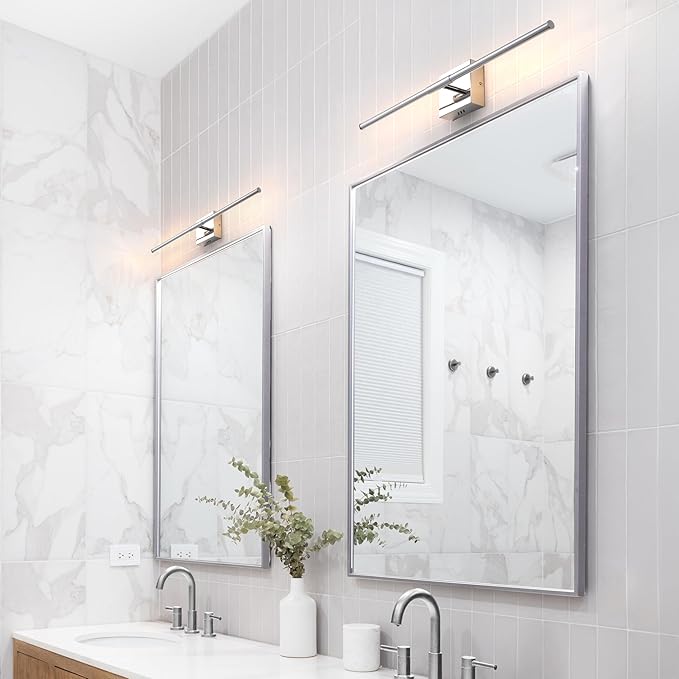 JONATHAN Y 28" Chrome Modern Dimmable Integrated LED Wall Sconce, Metal Vanity Light for Bathroom Mirror Bedroom Hallway, Sleek Hardwired Wall Lamp Fixture, 3000K (JYL7022A-SET2)
