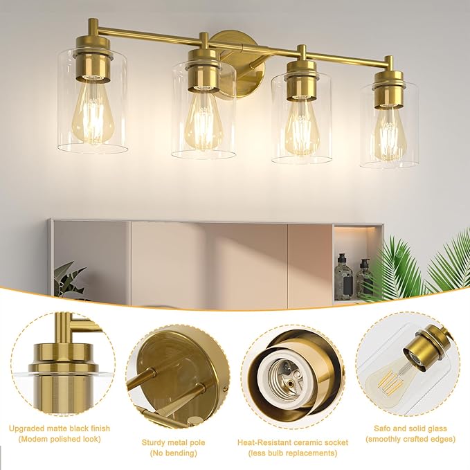ChangM Bathroom Vanity Light Fixtures 4-Light, Brushed Gold Bathroom Light Fixture Over Mirror with Clear Glass Shade, Bathroom Wall Sconce Lamp for Living Room Porch Hallway(Not Incloud Bulb)