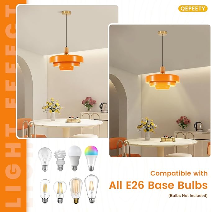 Orange Pendant Light with Wooden Dome, 3-Layer Metal Shade Mid Century Chandelier, Minimalist Industrial Hanging Light for Dining Room, Farmhouse Sink, Office
