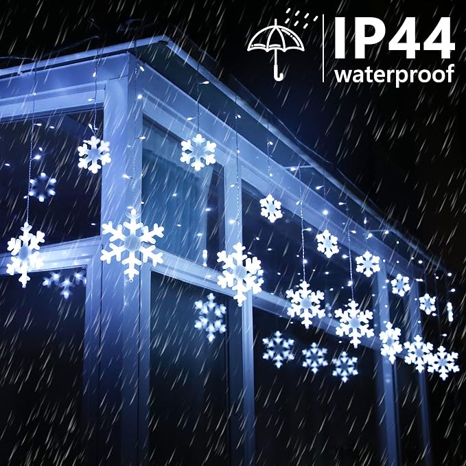 Toodour Christmas Snowflake Lights Outdoor, 17.22ft 264 LED Snowflake Icicle Lights with 22 Drops, Connectable, 8 Modes Waterproof White Christmas Light for Curtain, Eaves, Window, Xmas Decorations