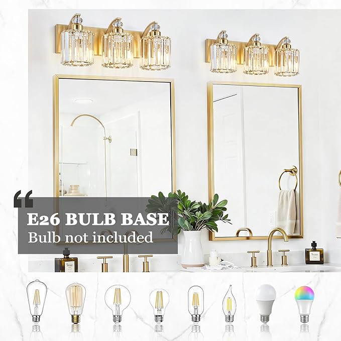 3-Lights Brushed Brass Bathroom Light Fixture Gold Vanity Lights Modern Crystal Bathroom Vanity Lighting Over Mirror Wall Sconce with K9 Crystal Shade E26 Base for Living Room, Bedroom Wall Lamp