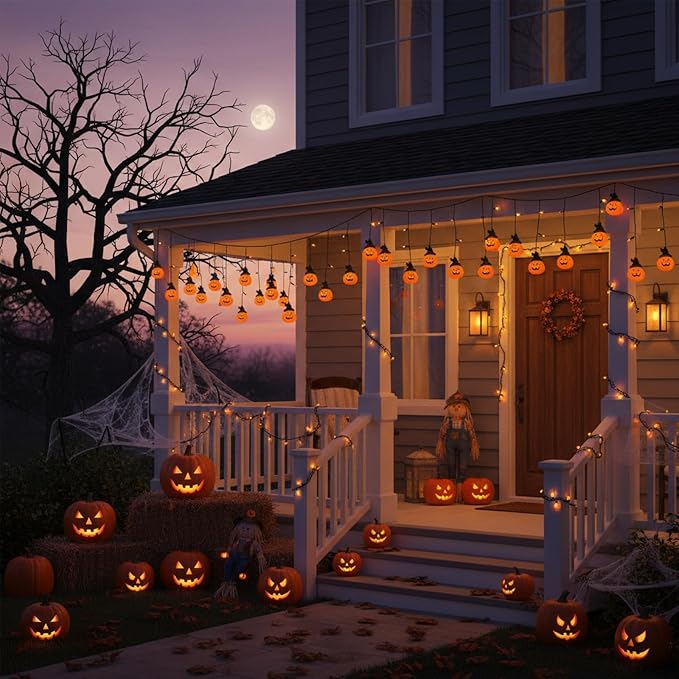 Halloween Curtain Lights,7FT Short Curtain Window Lights with 25 Light,Vintage LED Halloween Decorations Light for Indoor, Bedroom,Door,Stair,Yard, Fall Party