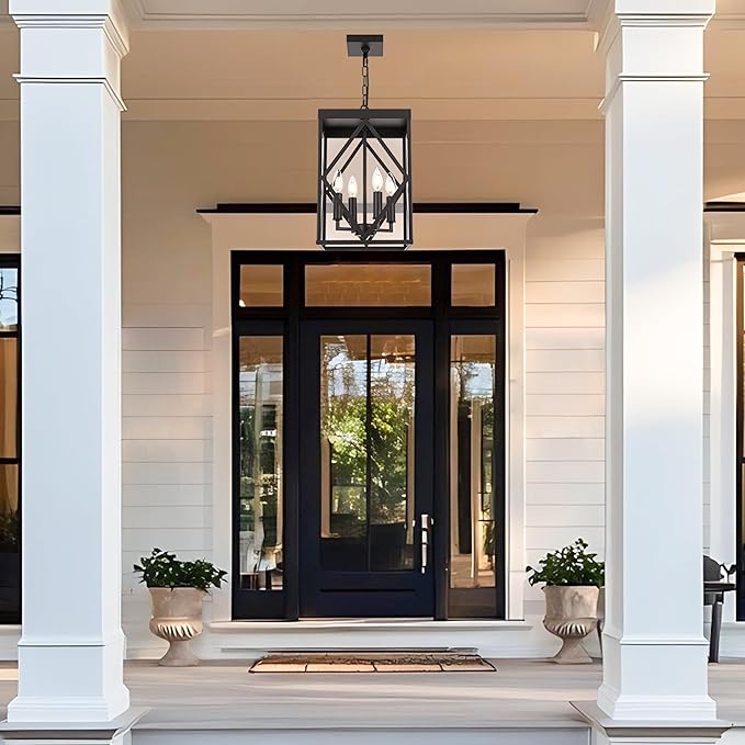 11" Outdoor Pendant Light Exterior Hanging Lantern, Farmhouse Oil Rubbed Brozne Outside Chandelier Light Fixture Ceiling Mount Hanging Porch Light with Clear Glass for Front Porch Entrance