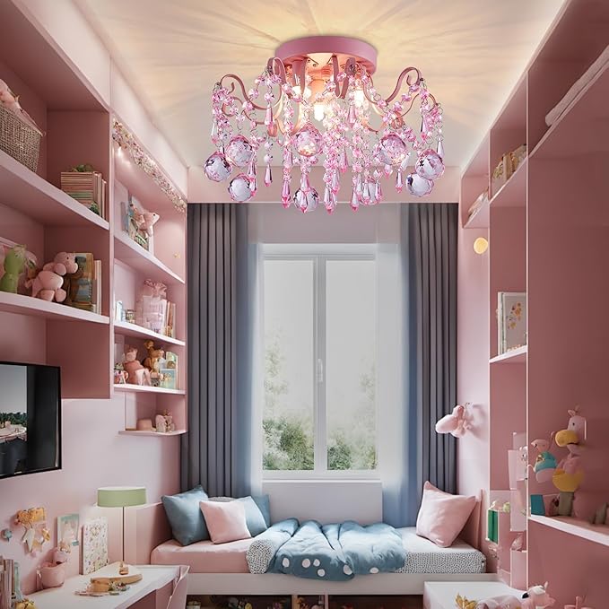 Rain Drop Crystal Small Crystal Chandelier Ceiling Light 3-Light Fixture Modern Chrome Iron Material Suitable for Bedrooms, Hallways, Walk-in Closets, Entryways, Stairwells (Pink)