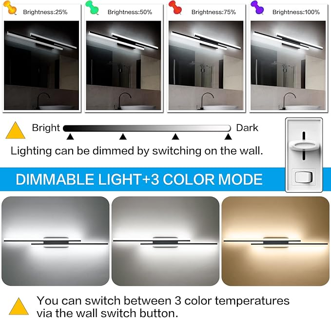 PRESDE 48 Inch Bathroom Light Fixtures Black Vanity Light Bar LED Modern Bath Wall Lighting Over Mirror 3CCT