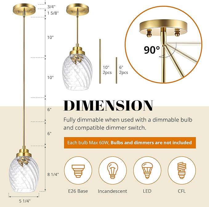 Glass Pendant Lights Kitchen Island,Twisted Clear Glass Treatment Pendant Light,Modern Hanging Light for Kitchen Sink Dining Room Bedroom, E26 (Brushed Gold, 1pack)