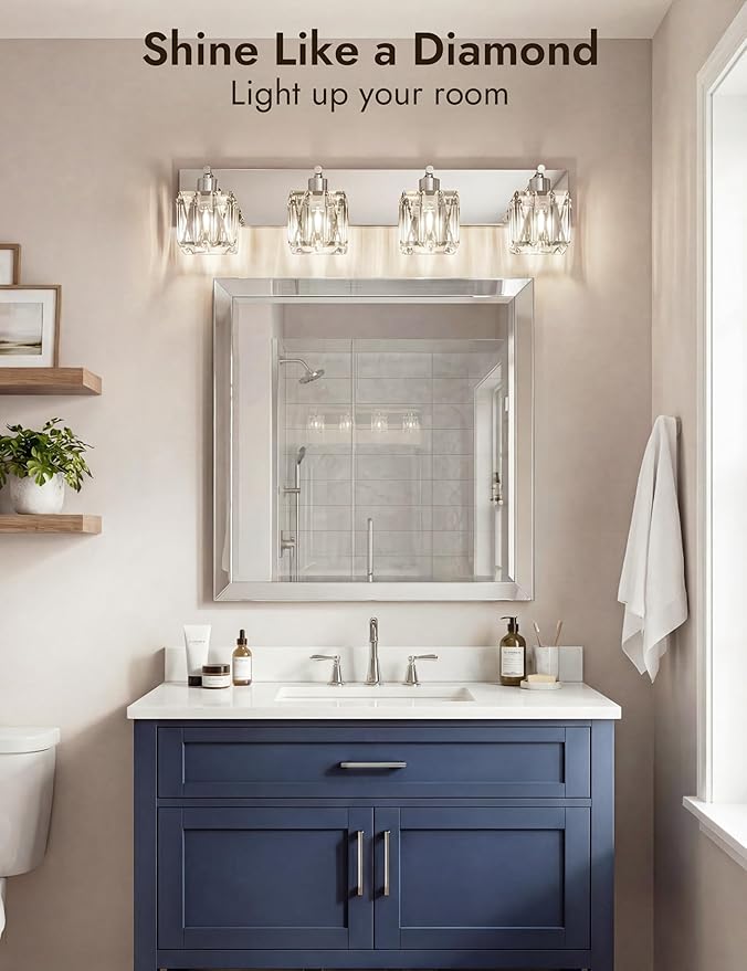 VOLISUN Chrome Bathroom Light Fixtures, Modern Stainless Steel Bathroom Lighting Fixtures Over Mirror, 4 Light Bathrooms Vanity Light, Crystal Vanity Light for Bathrooms-UL Certificated(Exclude Bulb)