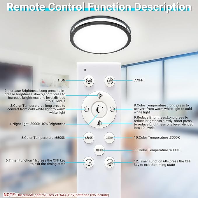 libtit 2Pack 13 Inch LED Ceiling Lights with Remote for Bedroom Kitchen, 24W 2400lm Super Bright & Dimmable Flush Mount Light Fixtures, 2700K-6500K Adjustable Modern Lamps with Timer, Black