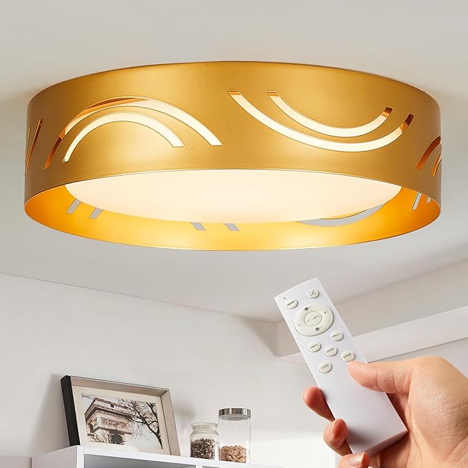 Modern Dimmable LED Flush Mount Ceiling Light with Remote, 2400LM 2700K-6500K Adjustable 12 Inch Bedroom Ceiling Light with Night Light for Kitchen Hallway Bathroom Living Room (Gold, Arc)