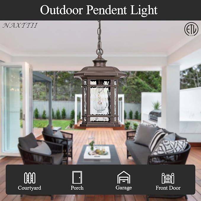 Waterproof Outdoor Hanging Lantern Light 13.8 Inch Large Outdoor Pendant Light with Adjustable Chain Dusk to Dawn Aluminum Hanging Porch Light with Water Ripple Glass E26 Socket