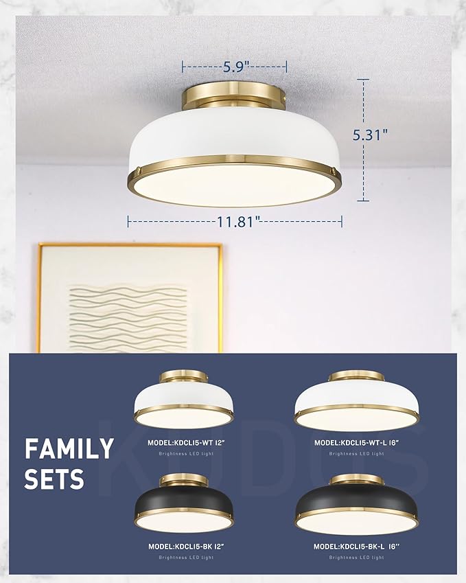 kudos Ceiling Light, 12-inch LED Flush Mount Ceiling Light, White and Gold Finish, 24W/1100lm Light Fixtures Ceiling Mount for Living Room,Hallway, 3000K/3700K/4500K/5100K/6000K Adjustbale, KDCL15-WT