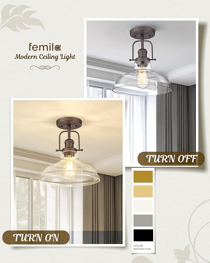 FEMILA Flush Mount Ceiling Light Fixture, 11" Farmhouse Semi Flush Kitchen & Bedroom Ceiling Light, Oil Rubbed Bronze with Clear Glass Shade, Rustic Industrial Lighting, 4FY09-F ORB
