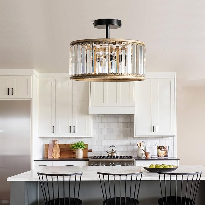 Veronie Crystal Ceiling Light Fixture,3 Light Crystal Semi Flush Mount Lighting Fixture,Round Small Hallway Ceiling Light for Entryway, Laundry Room, Kitchen, Bedroom, Foyer, Bathroom