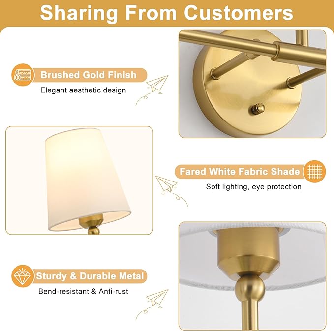 Bathroom Light Fixtures, 3-Light Brushed Gold Vanity Lights, 24.5" Bathroom Lighting Fixtures Over Mirror with Flared White Fabric Shade, Modern Wall Sconces for Bedroom Living Room Hallway