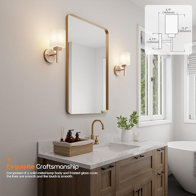 Bathroom Vanity Lighting Fixtures with White Frosted Glass Shade, Champagne Bronze Wall Lamps Over Mirror for Bedroom Living Room, 2 Pack T002CPG-L1-P2