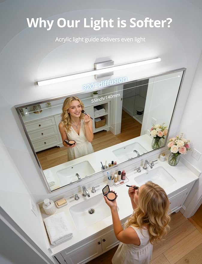 Combuh 48Inch Bathroom Vanity Light Fixtures Extra Long Lighting Bar Above Mirror, Modern Bright 23W 2300LM Wider Coverage Slim Sleek IP44 Rustproof LED Chrome Bath Wall Sconce for Makeup Cool White