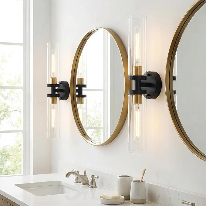 Black and Gold Wall Sconces Set of 2, Hardwired Bathroom Light Fixtures, Modern Bathroom Vanity Wall Lighting with Clear Glass Shade, Farmhouse Wall Sconce for Mirror Bedroom Hallway, E26 Base