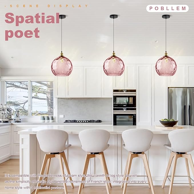 Large Glass Pendant Light 13.8", Pink Modern Pendant Lights Kitchen Island Lights Ceiling Hanging, Hammered Globe Pendant Lamps for Living Room Dining Room Bedroom Bathroom Hallway