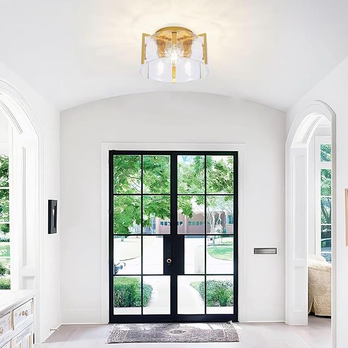 Modern 3-Light Semi Flush Mount Ceiling Light, Gold with Water Ripple Glass Shade, Farmhouse Close to Ceiling Light Fixture for Hallway, Bedroom, Kitchen, Living Room, Entryway