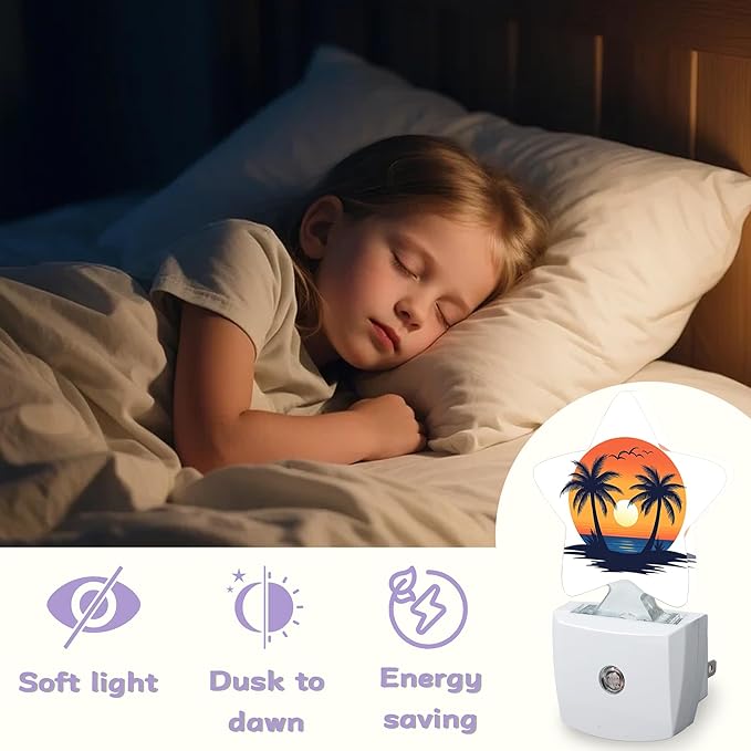 Beach Sunset Night Lights Plug Into Wall Decorative,Palm Trees Nightlight with Dusk Sensor for Bathroom,Kitchen,Entryway,Room Accent,Gifts