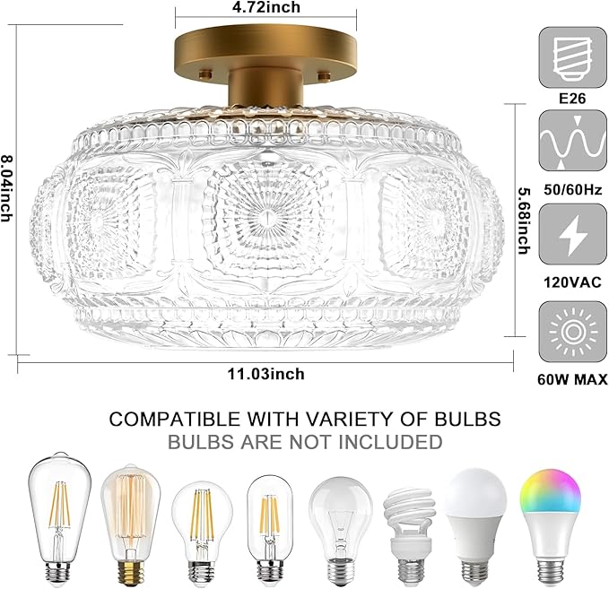 Semi Flush Mount Ceiling Light, Upgraded Larger Gold Glass Ceiling Light Fixture, Vintage Lighting for Hallway Kitchen Bedroom Dining Room, Bulb Not Included