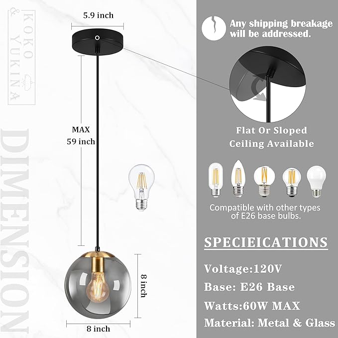 KoKo&Yukina 8 Inch Gold Pendant Light Globe Pendant Lights Kitchen Island Mid Century Light Fixture with Grey Glass Shade Adjustable Globe Cluster Lights for Dining Room Living Room