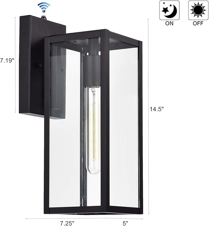 MICSIU 2 Pack Dusk to Dawn Outdoor Lighting, 14.5 Inch Modern Farmhouse Exterior Wall Sconce with Clear Glass, Industrial Black Outside Porch Lights for House Garage Entryway, E26 Base, ETL Listed