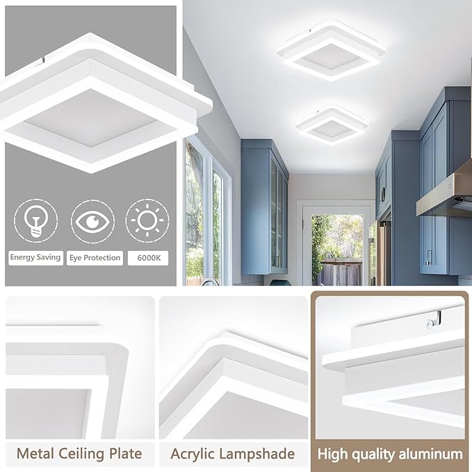CANEOE 2 Packs Square Flush Mount Ceiling Light, 6000K Modern LED Ceiling Light Fixture, Minimalist Hallway Lighting Fixture Ceiling Lamp for Hallway Entryway Bedroom Balcony (White)