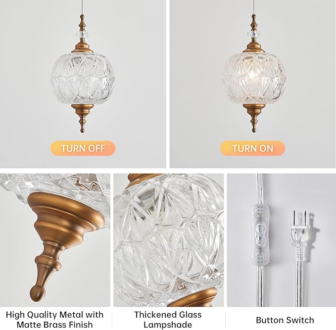Plug in Pendant Light Fixtures Brass Vintage Pendant Lights Ceiling Pendant Fixtures for Bedroom Living Room Dining Room Kitchen Island
