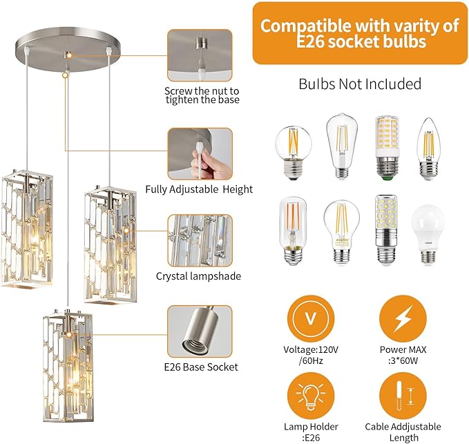 Brushed Nickel Pendant Lighting Modern Pendant Light, Mini Crystal Chandeliers,Adjustable Pendant Light Fixture for Kitchen Island Dinning Room Bedroom (3 Light)