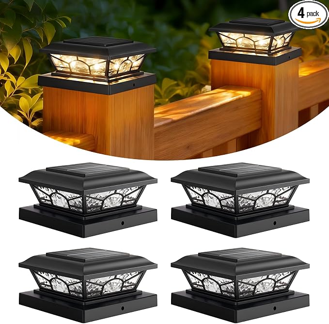 Brightever 4x4 3.5x3.5 Solar Post Cap Lights, 4-Pack Solar Powered Fence Post Light Outdoor Waterproof for Vinyl/Wooden Post, 2 Modes(Warm/Cool Light), Black Solar Deck Post Lights for Patio, Porch