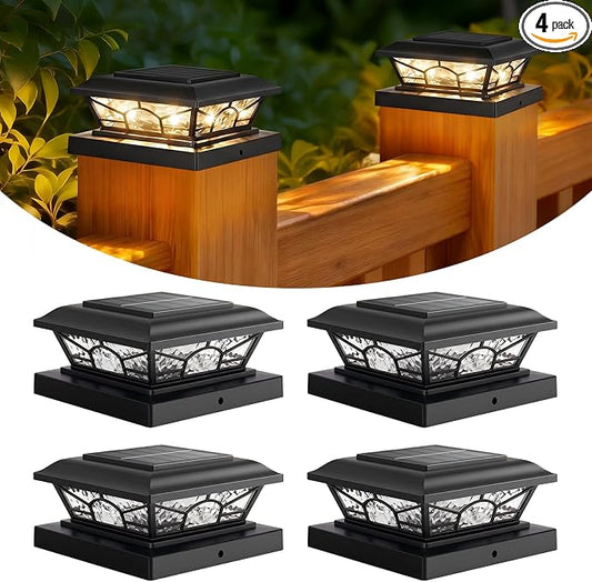 Brightever 4x4 3.5x3.5 Solar Post Cap Lights, 4-Pack Solar Powered Fence Post Light Outdoor Waterproof for Vinyl/Wooden Post, 2 Modes(Warm/Cool Light), Black Solar Deck Post Lights for Patio, Porch