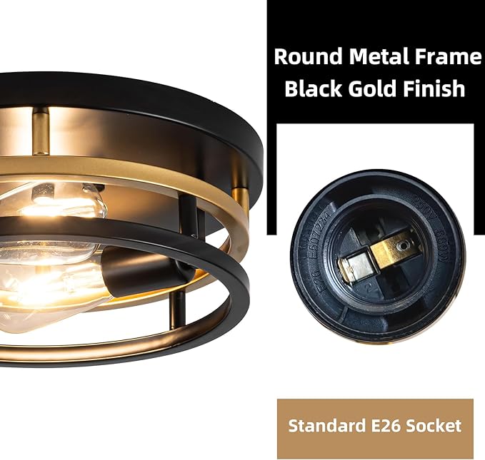 2 Light Industrial Ceiling Light Black Gold Semi Flush Mount Lights Close to Ceiling Light Fixtures,cage design Farmhouse Ceiling Lighting for Kitchen Bedroom Bathroom Foyer Hallway (E26, 1Pack)