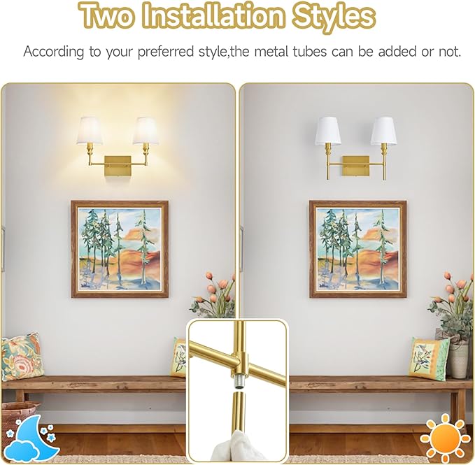 Bathroom Light Fixtures Over Mirror,Brush Brass Vintage Wall Sconces, 2-Light Bathroom Vanity Light With Flared White Fabric Lampshade For Bedroom,Living Room,Hallway,Foyer,Hardwired, E12 Base
